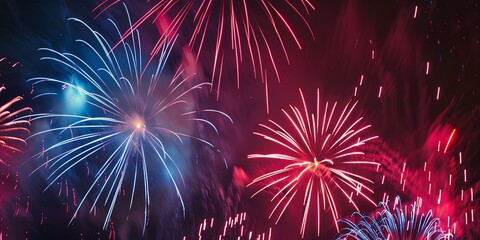Explosive Red and Blue Fireworks Display Night Sky