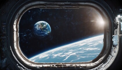 View from the eluminator window to planet earth from a spaceship. Futuristic space station corridor overlooking a vibrant alien planet. View from a porthole of space station on the Earth.