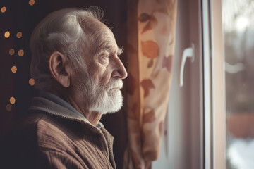 Thoughtful Caucasian elderly man with white beard looking out window. He appears pensive and reflective