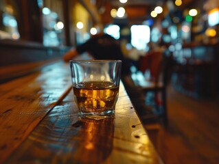 A glass of whiskey sits on top of a wooden table