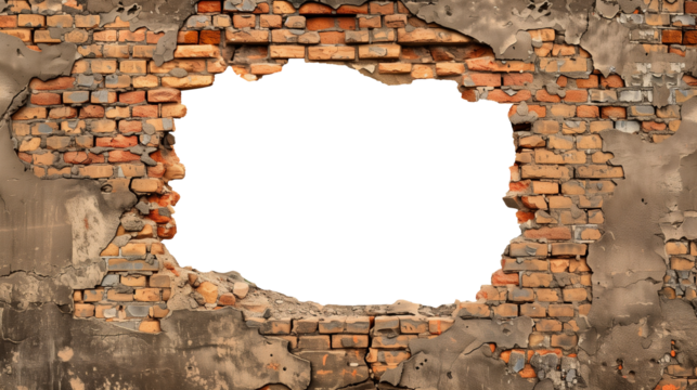 Broken brick wall with hole in the center isolated on transparent background