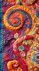Fototapeta premium Close-up of a vibrant handmade quilt with intricate patterns and designs, featuring a variety of colors and textures.