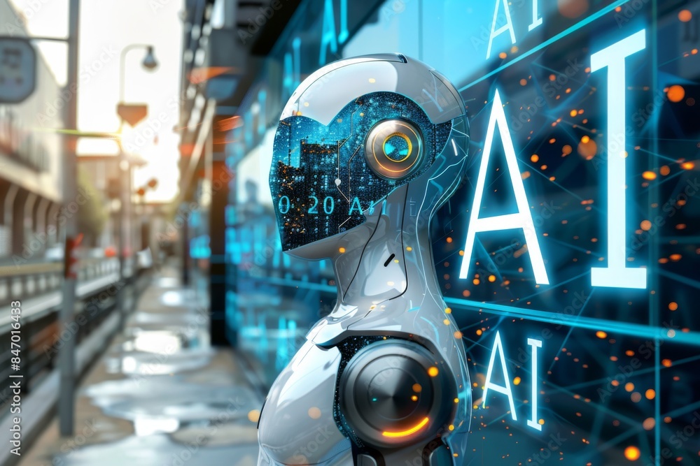 Aufkleber robotic head with ai symbols in the background, highlighting the fusion of robotics and artificial i