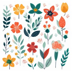 Cartoon Flowers and Green Leaves in Vector Harmony