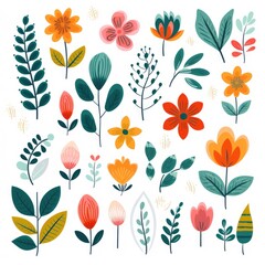 Cartoon Flowers and Lush Greenery on White Background