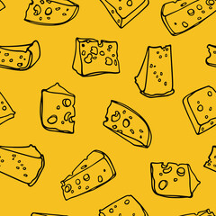 Vector seamless pattern with hand drawn pieces of delicious cheese. Ink drawing, graphic style. Beautiful food design elements. Perfect for prints and patterns