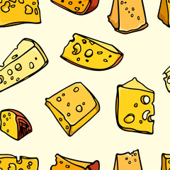 Vector seamless pattern with hand drawn pieces of delicious cheese. Ink drawing, graphic style. Beautiful food design elements. Perfect for prints and patterns