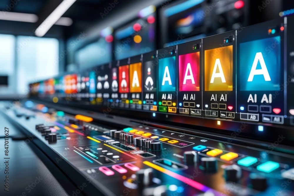 Poster colorful control panel with ai indicators, showcasing the interface of advanced artificial intellige