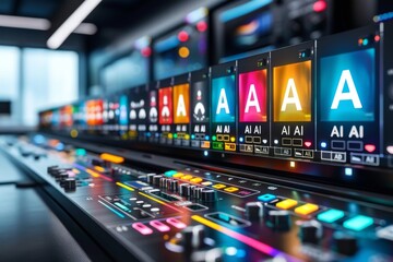 Obraz premium Colorful control panel with AI indicators, showcasing the interface of advanced artificial intelligence systems and modern electronic technology