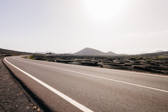 empty road crossing a field of vineyards grown on volcanic soil