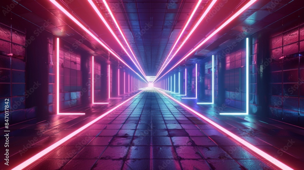 Poster futuristic corridor with vibrant neon lights creating a mesmerizing tunnel effect, perfect for sci-f