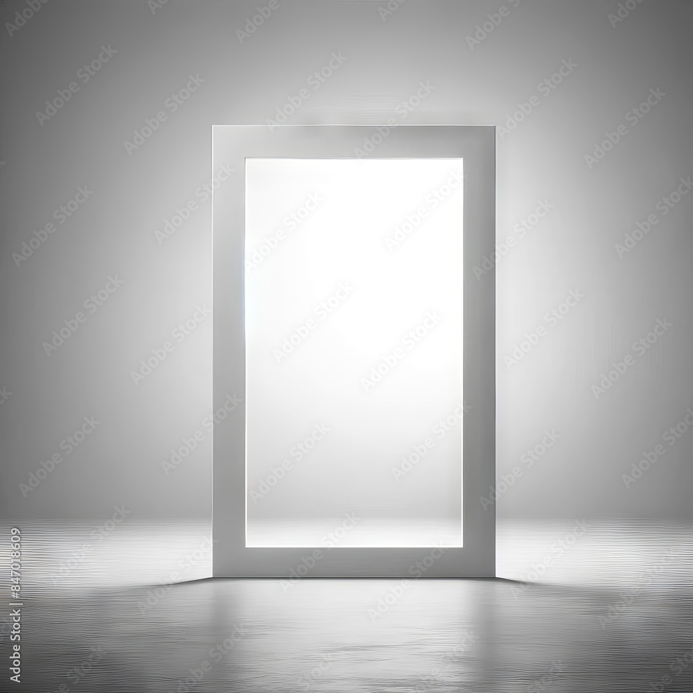 Aufkleber minimalistic white glowing frame standing on a reflective surface. bright frame in an empty space. c