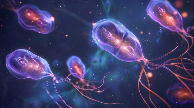 Cluster of Giardia lamblia under a microscope. Protozoan parasites with multiple flagella. Disease transmission, microbiology, pathogenic, protozoa concept. Purple background