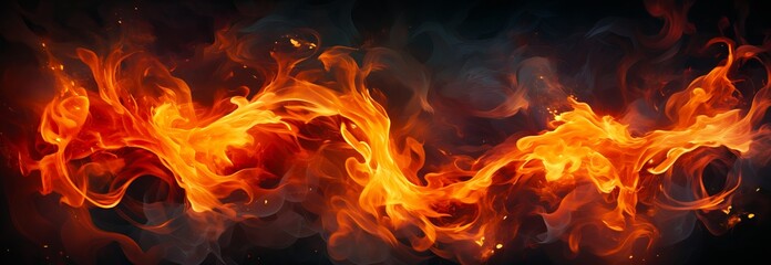 Fiery flame in a dynamic swirl on a dark background. Concept of fire, energy, heat, movement. Abstract wallpaper. Copy space. Banner