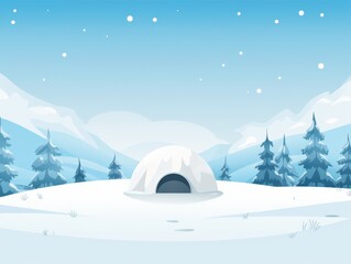A snow covered mountain range with a small igloo in the middle. The igloo is surrounded by trees and the sky is clear and blue