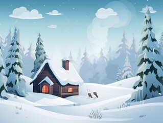 A cabin in the woods with a chimney and a fireplace. The cabin is surrounded by trees and snow