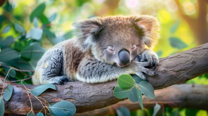 Obraz premium Cozy koala sleeping on a tree branch in a sunny forest. Concept of wildlife animal, nature, tranquility, fauna, wilderness. Cute koala joey