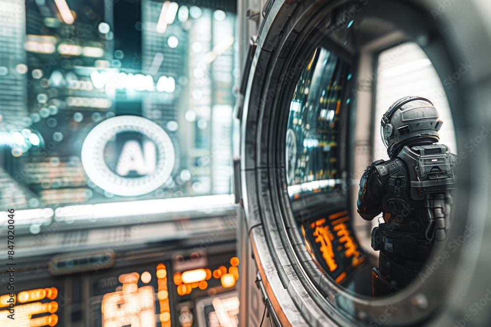 Poster astronaut looking through a futuristic window with ai symbols, representing the exploration of artif