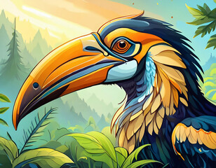 Obraz premium illustration of toucan bird cartoon against tropical jungle background