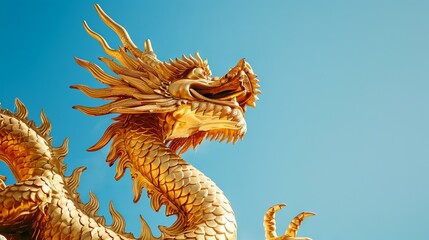 Fototapeta premium Golden dragon statue against a clear blue sky. Concept of mythical creature, dragon sculpture, oriental art, cultural symbol