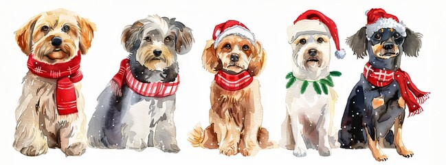 Watercolor illustration of five cute dogs in Christmas attire. Concept of holiday pets, festive artwork, winter celebration, puppies, Christmas. Isolated on white background