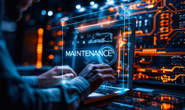 Skilled IT professional performing maintenance & optimization tasks on computer system, laptop and glowing maintenance icon, crucial role of system administrators in smooth operations & data integrity