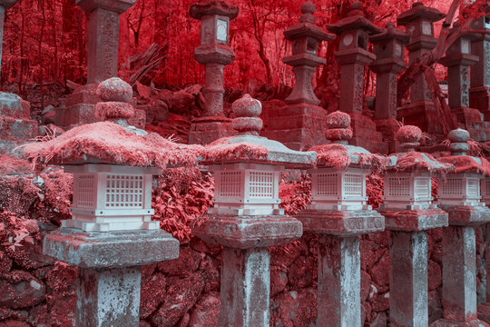 Infrared Row of Stone Lanterns in a Forest