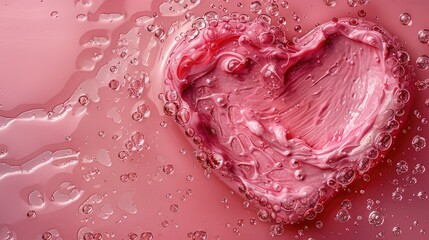 Aesthetic Beauty Concept: Heart-Shaped Liquid Gel Cosmetic Smudge on Pink Background