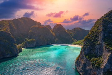Lagoon Maya Bay , island Ko Phi Phi Leh, Thailand, aerial top view sunset. Amazing drone travel...