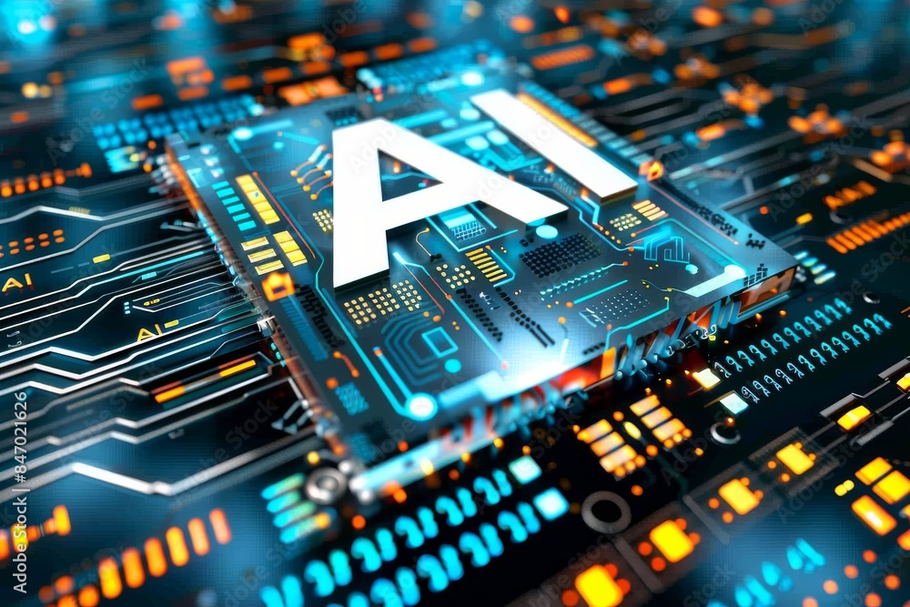 Poster ai circuit board with glowing elements, highlighting the role of artificial intelligence in modern c