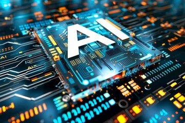 Obraz premium AI circuit board with glowing elements, highlighting the role of artificial intelligence in modern computing and technology