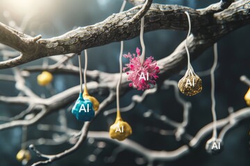Fototapeta premium AI symbols hanging on tree branches, illustrating the organic integration of artificial intelligence in nature and technology
