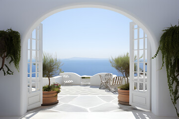 Naklejka premium view of arched gate with a view to the sea beach living santorini island style