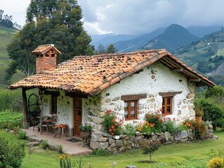 A traditional Ecuadorian highland house with adobe walls and tile roof 