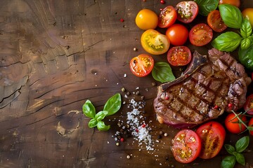 Seared Ribeye Steak with Heirloom Tomatoes Basil and Maldon Salt on Weathered Oak Table