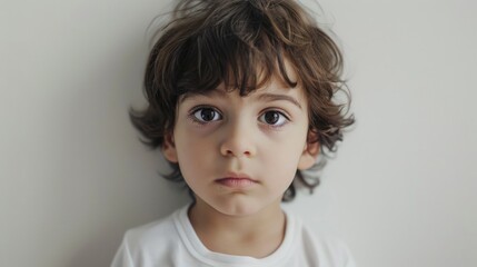 Naklejka premium Young boy wearing a white shirt and having brown hair, suitable for use in illustrations or photography