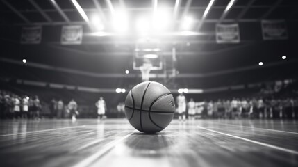 A basketball lying on a wooden floor