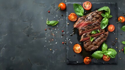 Mouthwatering Grilled Flank Steak with Fresh Herbs and Cherry Tomatoes on Rustic Slate Serving Board