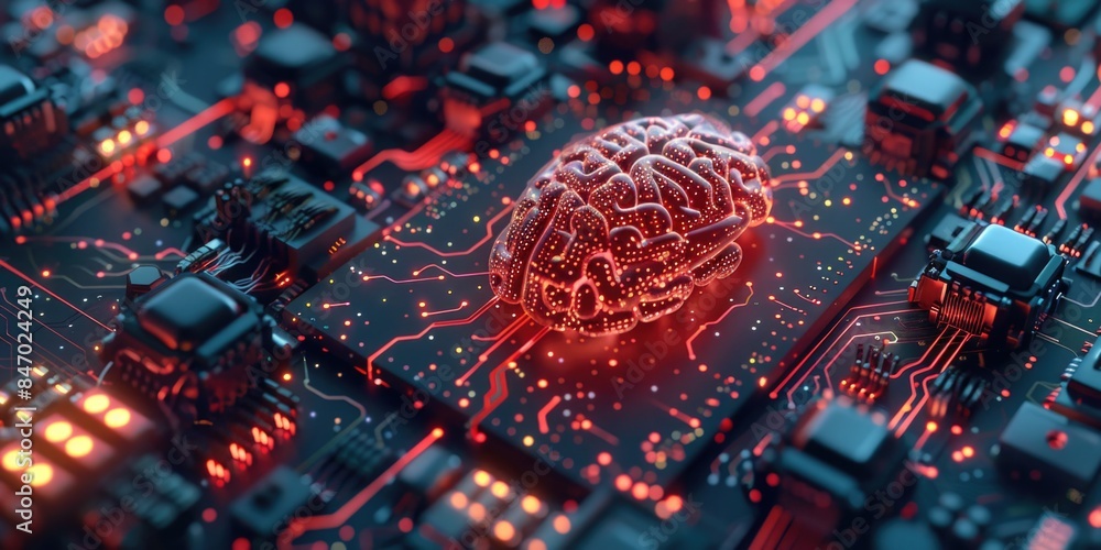 Poster a computer circuit board with a glowing brain component, suitable for technology and innovation rela