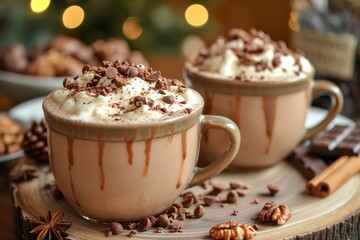 close up two cup of chocolate with cinnamon stick and chocolate chips