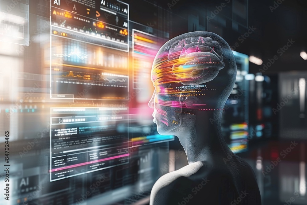 Poster holographic ai brain interface, illustrating the visualization of artificial intelligence and neural