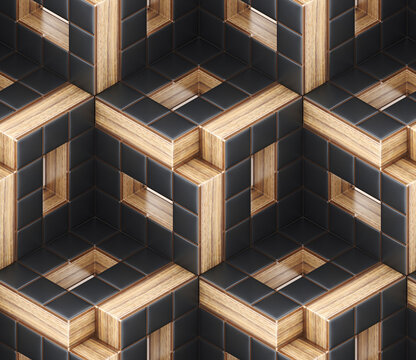 Futuristic black cubes with wood decorative elements.