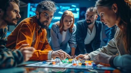 Team of software developers playing board game in their office at night