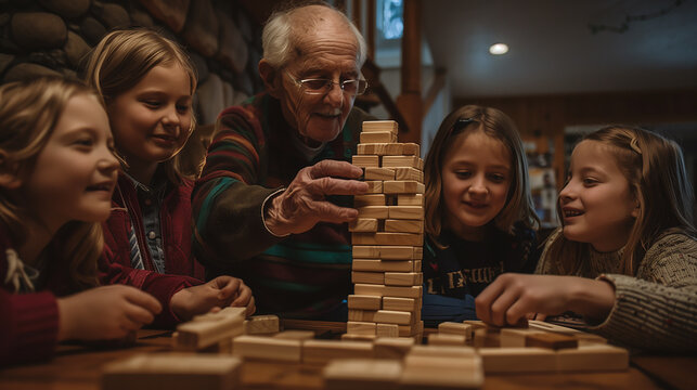 Grandfather playing wooden block jenga  game with granddaughters