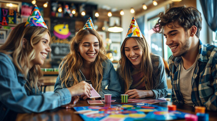 Group of young people having fun playing board games at a party