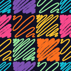 Hand drawn colorful ink seamless pattern. Multicolored collage of squares  with a brush stroke pattern. Geometric tiled background. Great for textile, fabric, wallpaper, wrapping and packaging