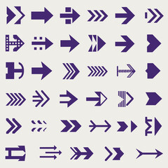 Purple Arrows Symbols Icons Set with Straight Lines Dotted and Zigzag Patterns