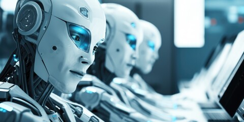 Fototapeta premium A group of robots sitting next to each other in a futuristic setting