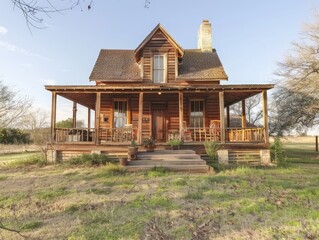 A traditional Texan farmhouse with wrap-around porch and wooden walls 