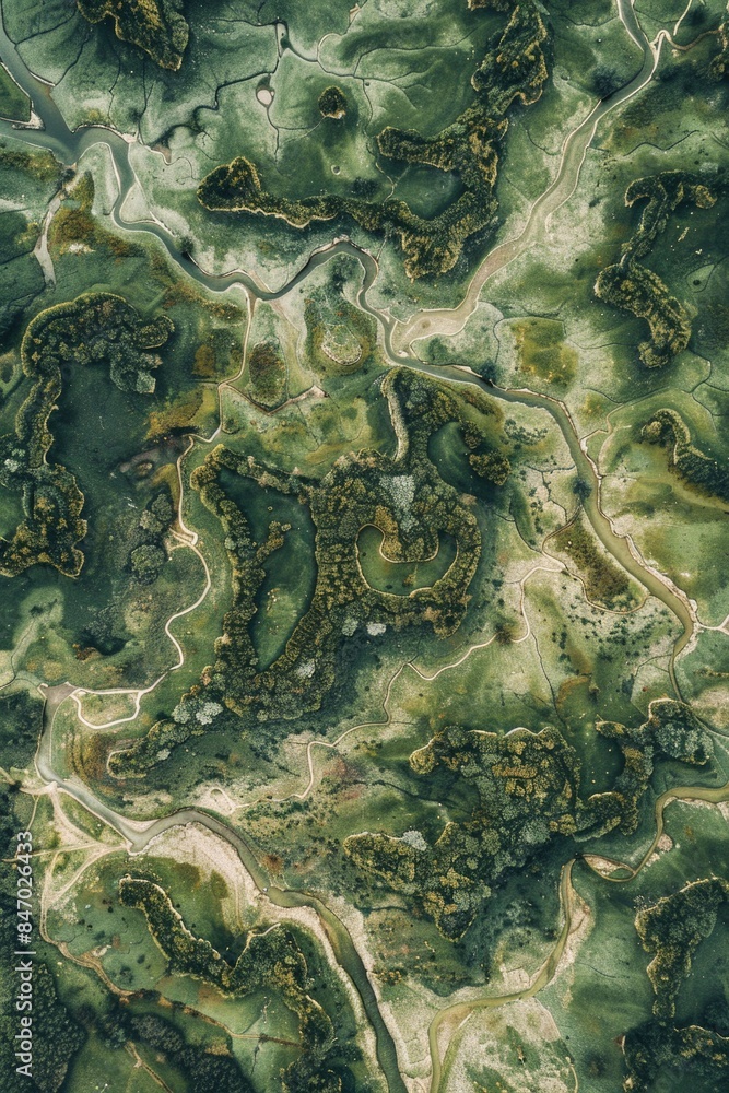 Poster aerial view of a river winding its way through a dense forest, with trees and foliage visible on eit